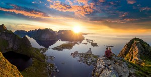 Norway Panoramic view of Lofoten Islands in Norway with sunset scenic